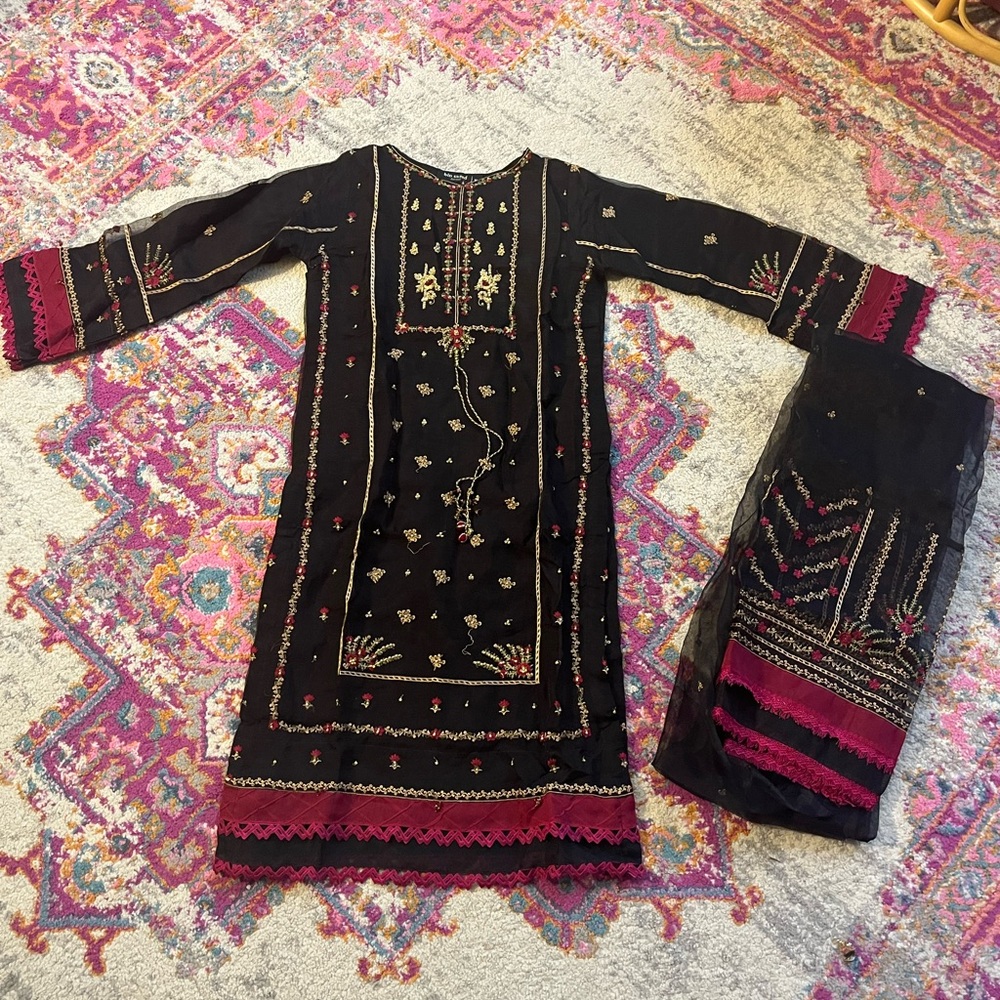 Black and Pink Embroidered Dress with Scarf
